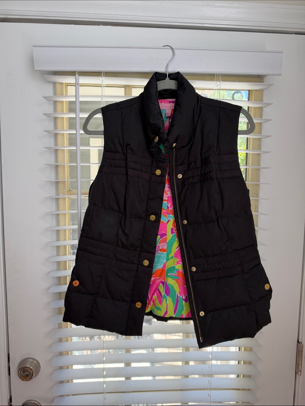Lilly Pulitzer Black Quilted Vest with Bright Multicolor Print Lining